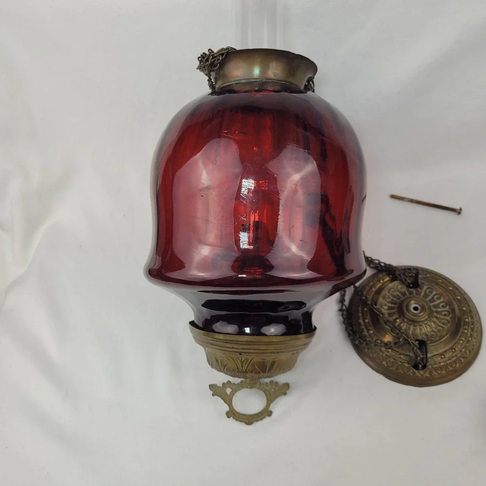 Antique Ruby Red Glass Hanging Oil Lamp Macbeth Pearl Glass Chimney Brass Trim